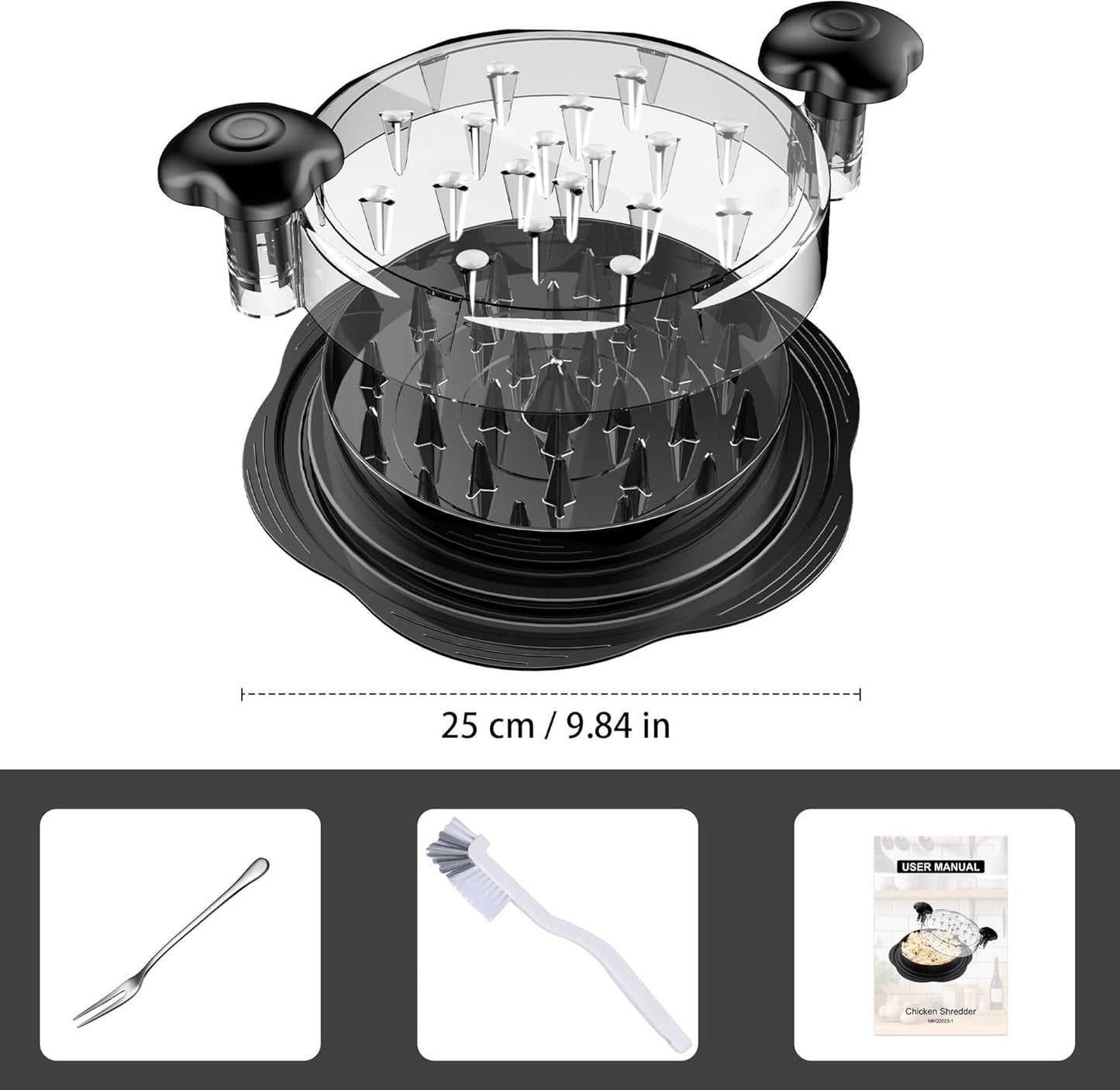 Desgarrador de carne Dropora, herramienta de cocina para desmenuzar carne fácilmente, en color plateado sobre fondo neutro.