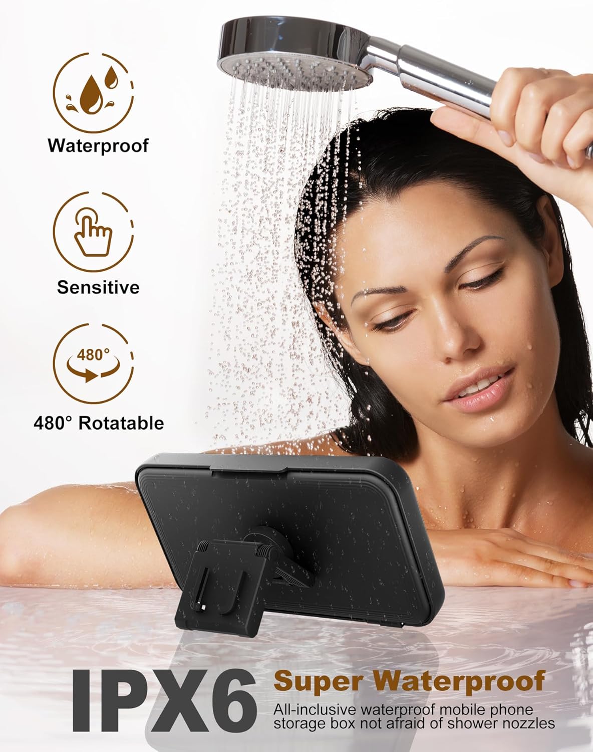 AquaSync shower media mount keeping a phone dry and protected